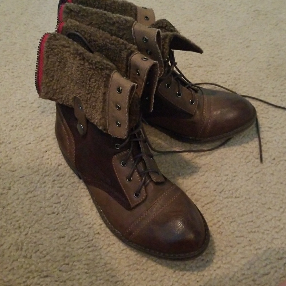Brown furred combat boots